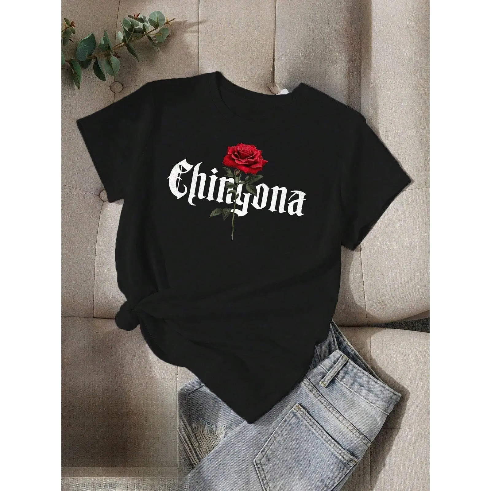 Women's Chingona & Rose Graphic Sports T-Shirt - 100% Cotton Crew Neck Short-Sleeve Casual Top, Soft Regular Fit for Daily Wear, Gifting, Back to School