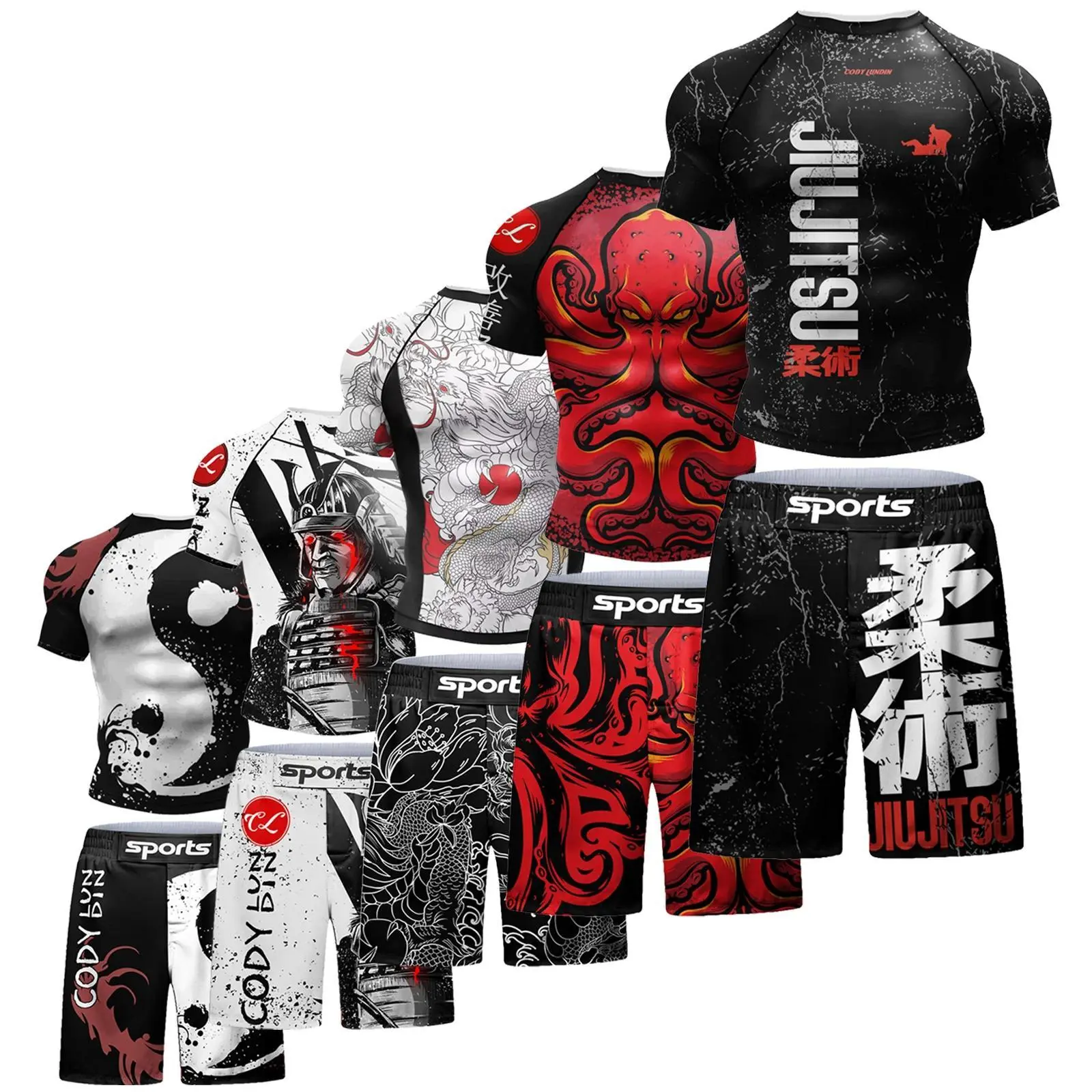 2 PCS Sports Suit Bjj Jiu Jitsu Gi Rashguard+MMA Shorts Muay Thai Pants Cool Boxing Grappling Wear Gym Fitness Running Clothes
