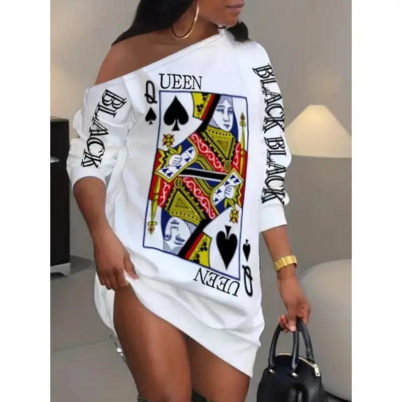 U88 Fashion Makeup Long Sleeve Slant Shoulder Queen Poker Print Dress for Fall & Spring, sundress corporate girl fired office siren outfit Gamis