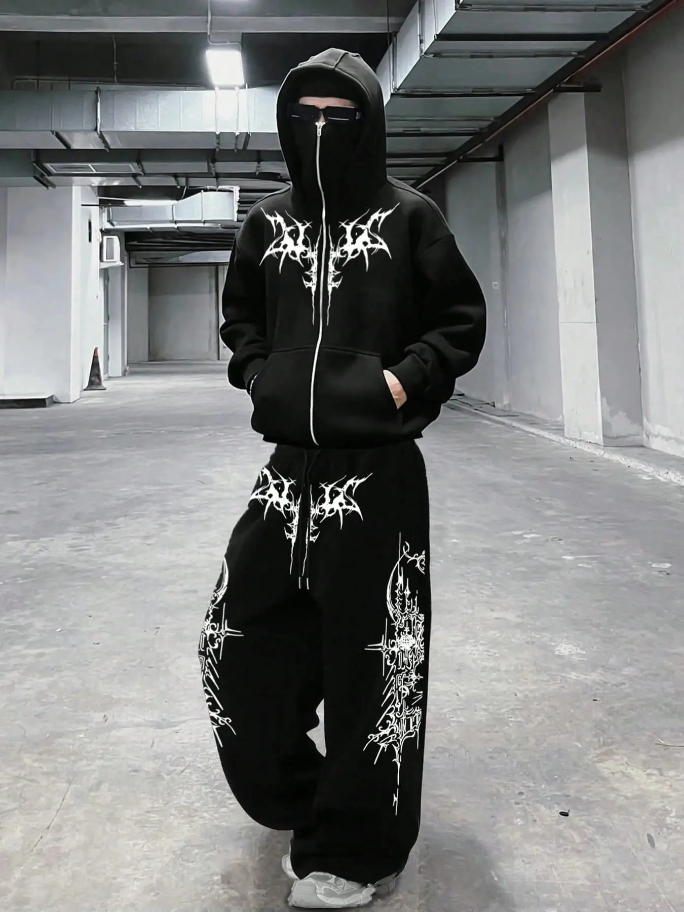 Dark Subculture Thorn Font Hooded Mask Open Front Sweatshirt Set for Men, High Street Gothic Print Loose Fit Wide Leg Sweatpants Two Piece Set