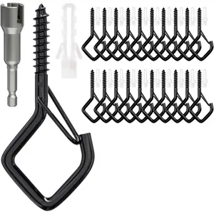 20 PCS Screw Hooks with Safety Buckle, Heavy Duty Ceiling Hooks for Hanging Outdoor String Lights, Plants, Wind Chimes, 2.36 inches, Black