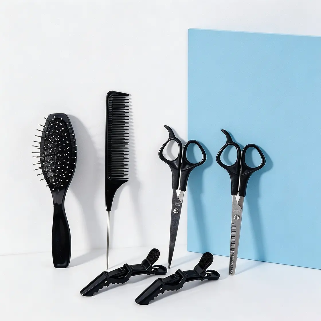 6Pcs Hair Cutting Styling Tool Kit Straight & Thinning Hair Scissors Set Massage Cushion Brush Rat Tail Comb Hair Section Clips Professional Barber Salon Hairdressing Tools