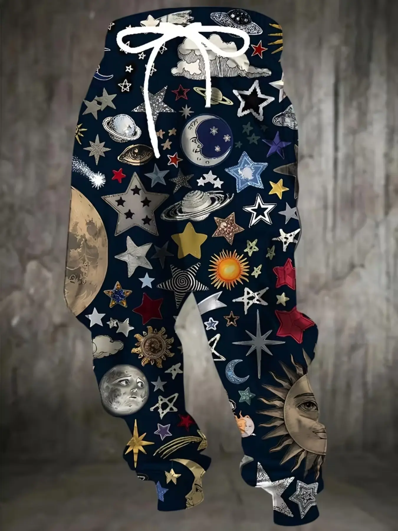 Men's 3D Space Galaxy Star Moon Pattern Sports Pants, Drawstring and Pockets, Casual Fitted Long Pants, Comfortable Home Sleepwear