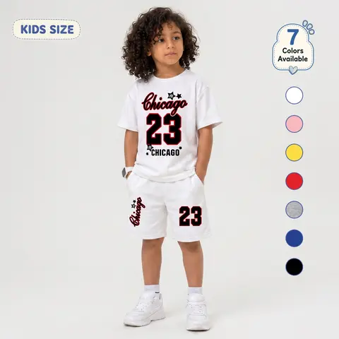 Boys’ Chicago 23 Graphic Print T-Shirt & Shorts Set, Casual Summer Two-Piece Outfit, Soft Breathable Street Sports Style Clothing for Kids, Daily Wear, School and Play