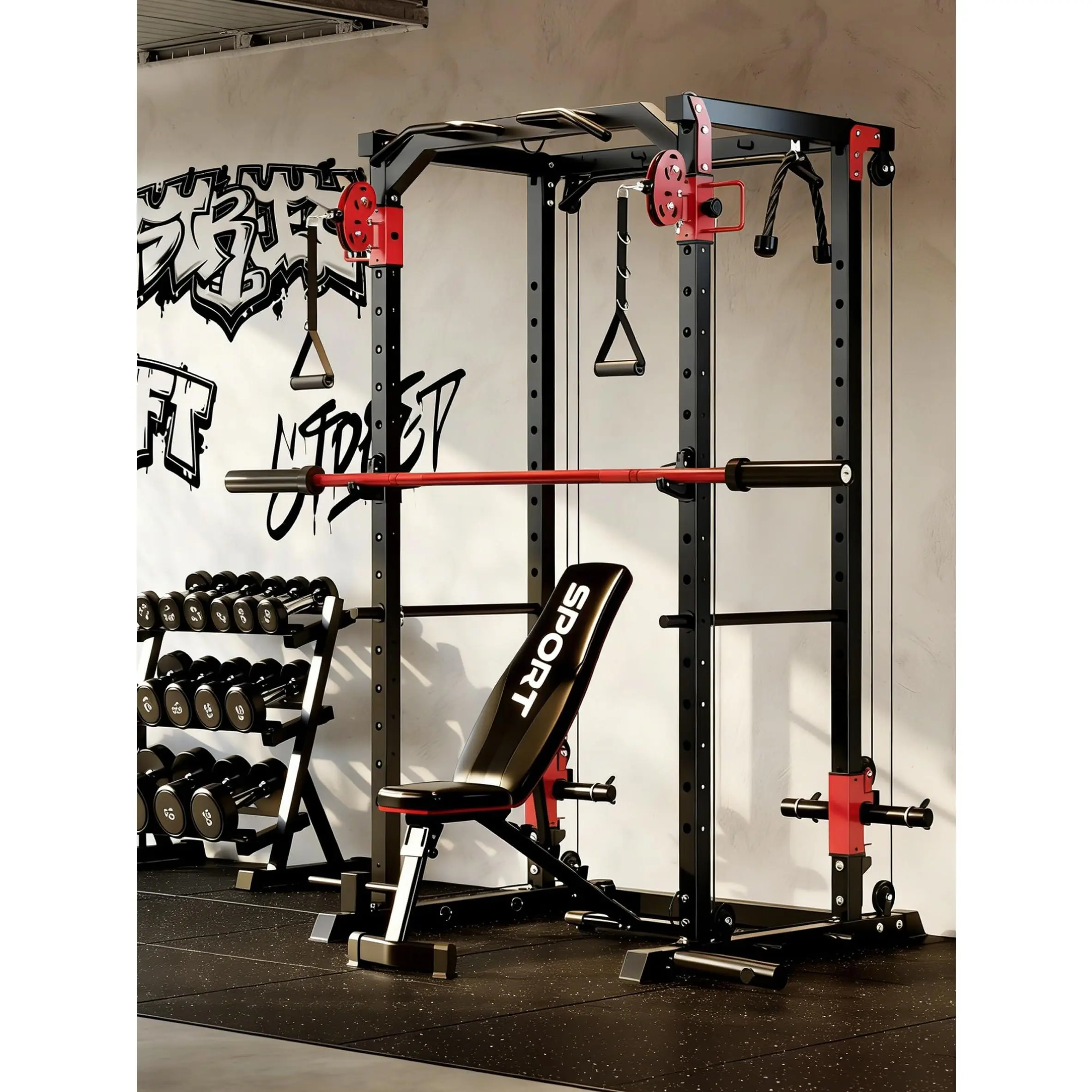 Power Cage, Multi-Functional Power Racks for Home Gym with Dual Pulley Systems, 1200 LBS Weight Capacity Fitness Squat Rack for Strength Workout with More Training Attachment, Red ﻿