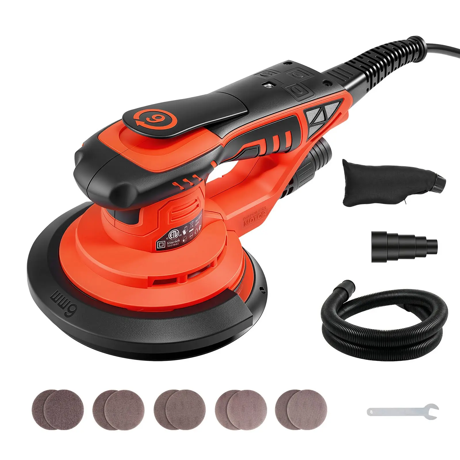 【DealsForYouDays】VEVOR 6-Inches Brushless Random Orbital Sander with 400W Power Brushless Motor, 4000-10000RPM 7-Speed Palm Grip Electric Palm Sander, 10PCS Sandpapers, Dust Bag Hose Set for Woodworkers Woodworking Detail Sanding