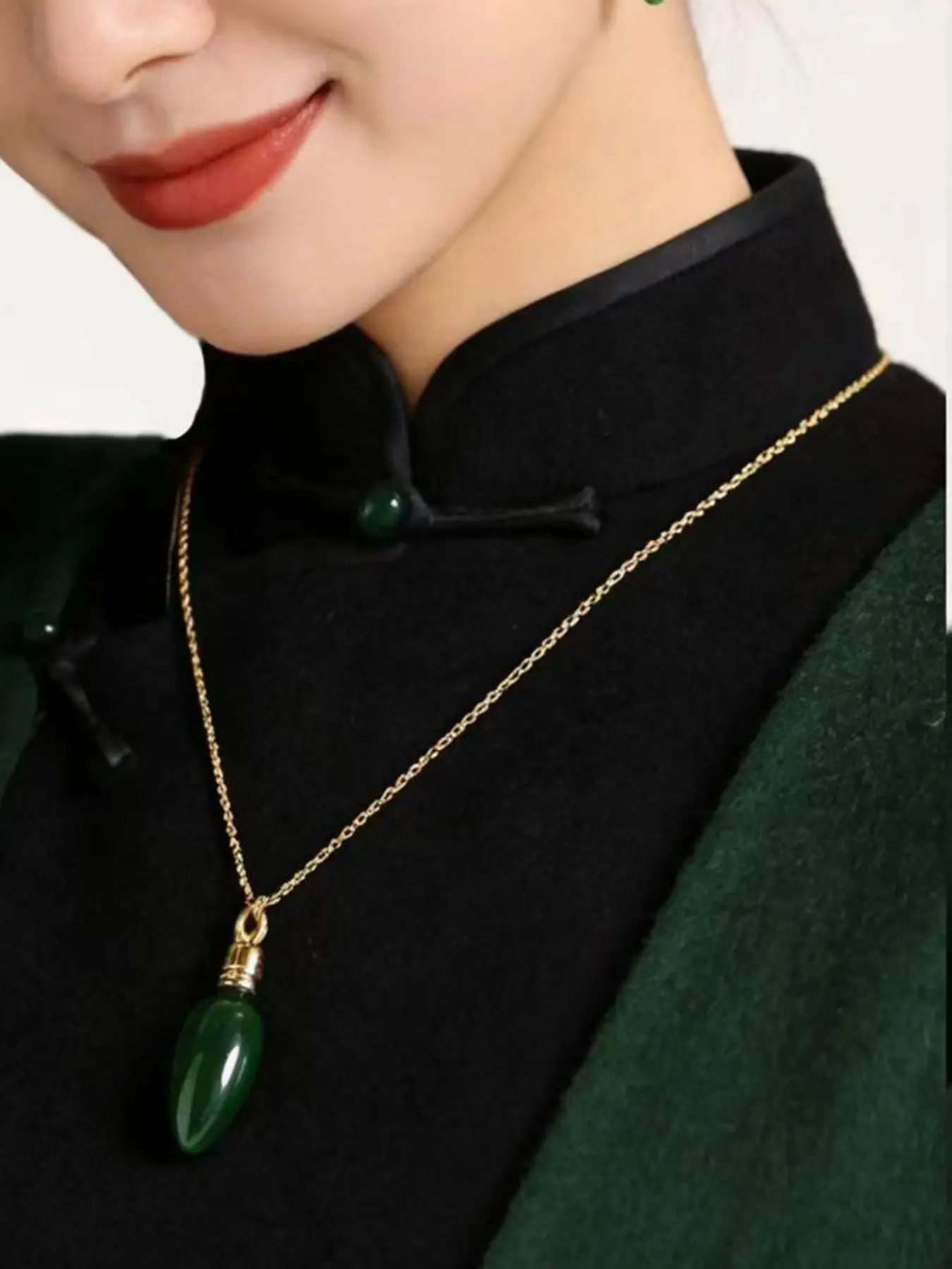 Christmas Green Bulb Pendant Necklace, H65 Brass 24K Nickel-Free Gold Plated Delicate Adjustable Cable Chain Cute Festive Holiday Women Daily Wear Dainty Necklace