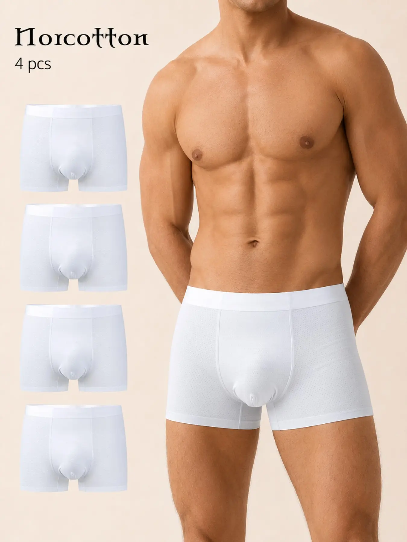 NORCOTTON 4 Pack Men's White Ice Silk Boxer Briefs, Soft Stretch Mesh No Fly Daily Casual Underwear for Daily Wear