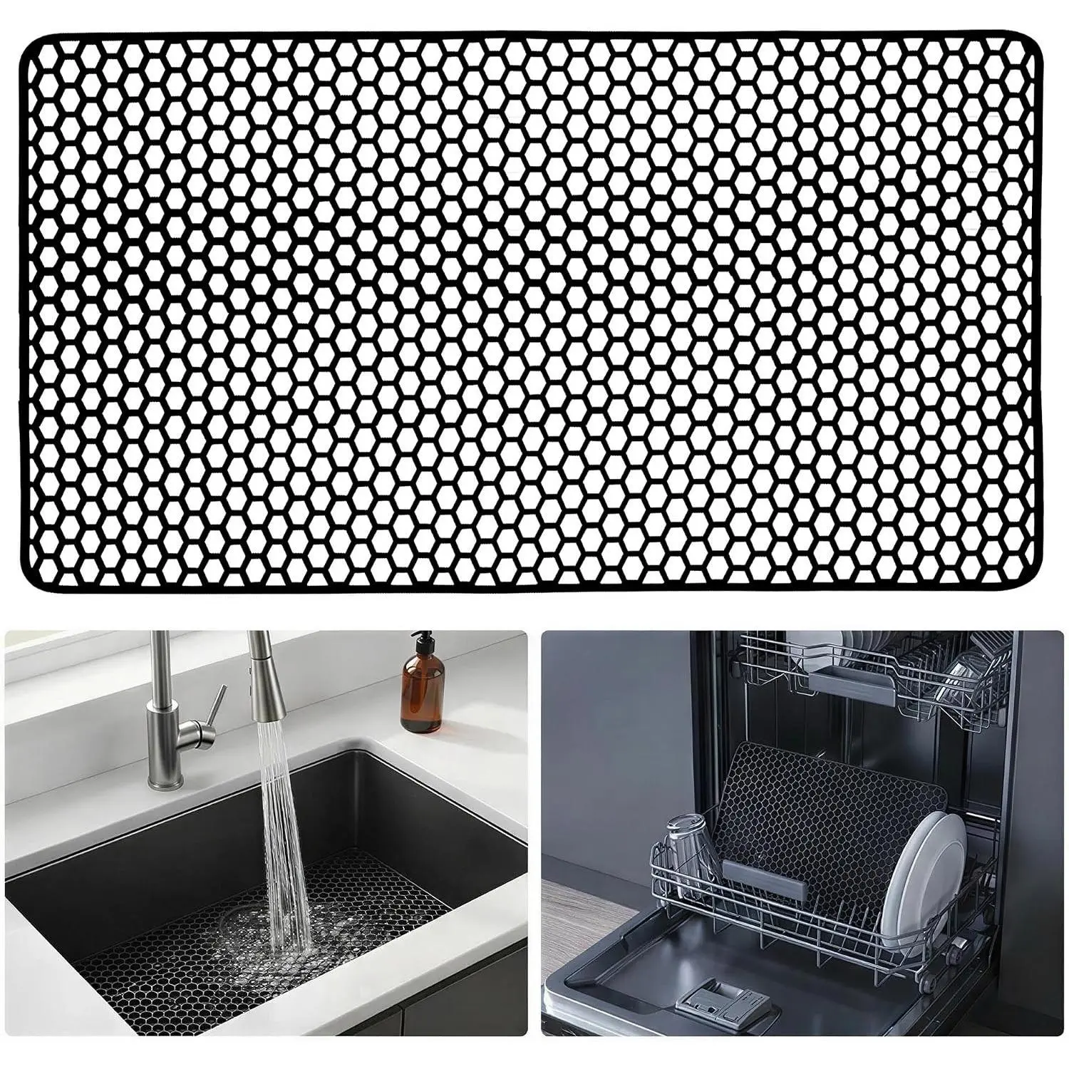 Sink Protectors for Kitchen Sink, 28.34''x 15.74'' Silicone Sink Mat Grid Protector for Bottom of Farmhouse Stainless Steel Porcelain - Can DIY Drain Hole Non-slip Heat Resistant Liner (Black)