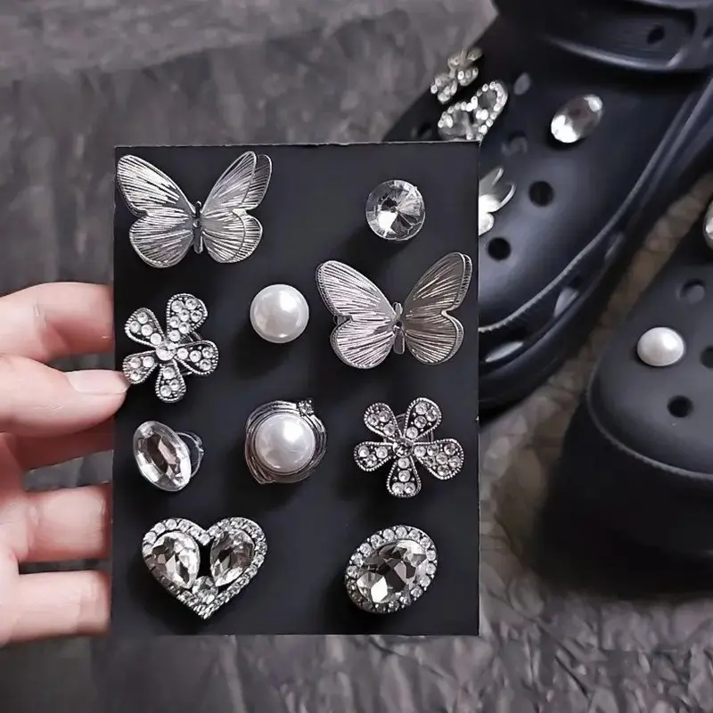 Rhinestone Clog Charms, Gothic Metal Shoe Charms with Heart Star Butterfly Designs, Y2K DIY Shoe Decorations for Women