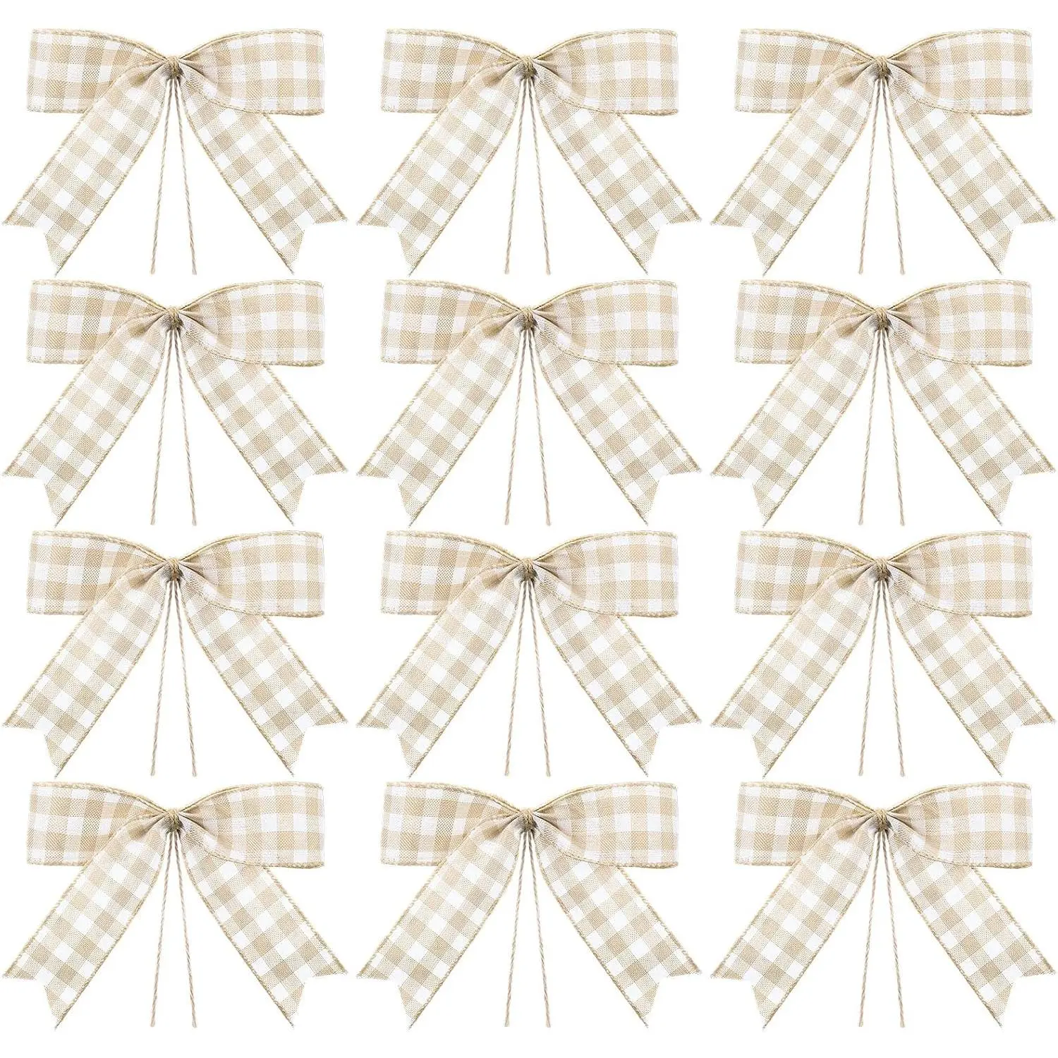 12 count Buffalo  Bows,White Rustic,7 x 7 Inch | Layered Ribbon Bows for Christmas Wreaths, Tree Ornaments,   Decoration, Rustic Holiday Indoor Accents