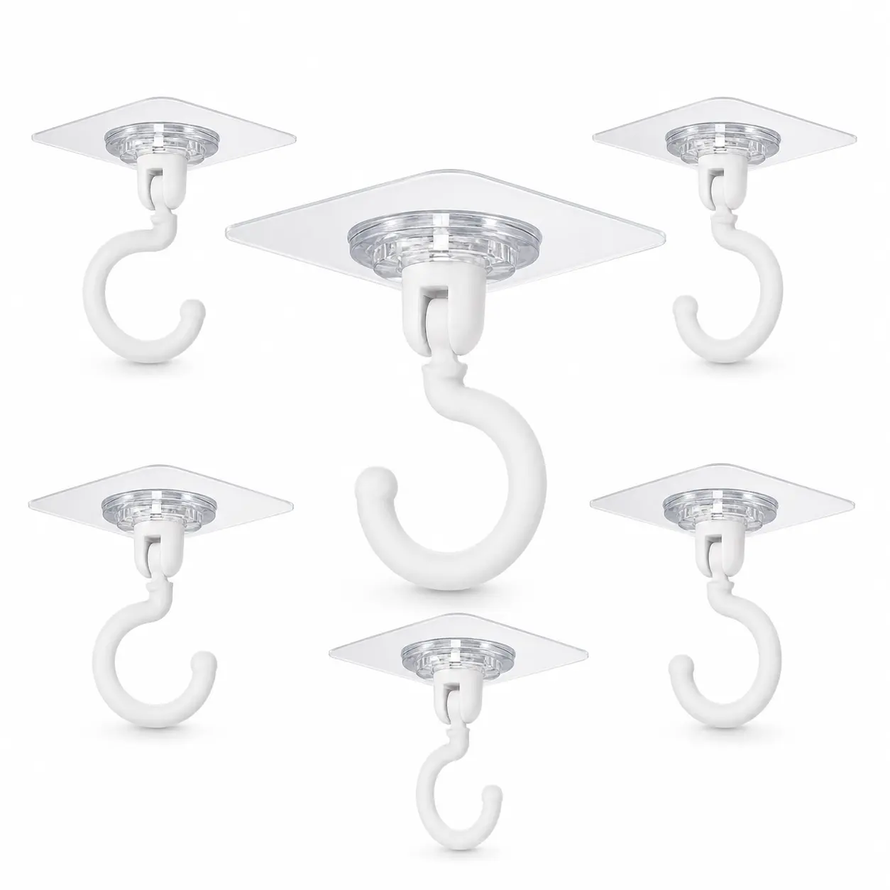 6 Pack Small Lightweight Plastic Adhesive Ceiling Hooks, Heavy Duty No-Drill Sticky Hooks for Hanging Items (Indoor/Outdoor), Up to 30 lb