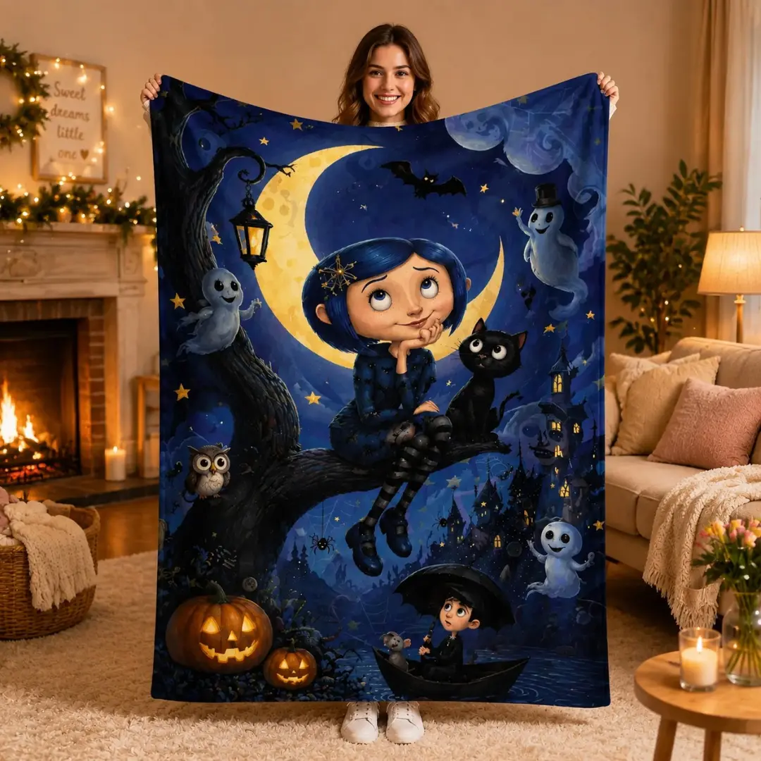 Coraline Crescent Moon Halloween Flannel Throw Blanket, Spooky Cute Ghost Black Cat Jack-o'-Lantern Full Print, Soft Cozy Blanket for Sofa Bedroom Decor, Halloween & Birthday Gift for Dark Fantasy and Coraline Fans