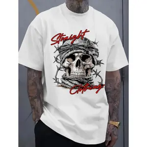European and American Men's Punk Style T-Shirt with Thorn Skull Design and "Stmight Clothing" Handwritten Font Elements, PLUS SIZE