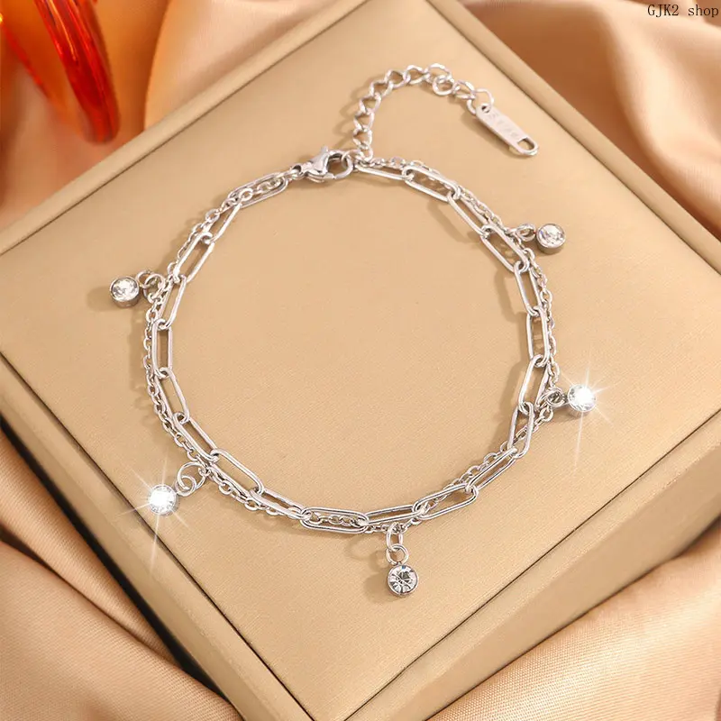 Silver Tone Double Layer Paperclip Chain Bracelet, Multi Tiny Ball Charms Adjustable Bracelet for Women Daily Jewelry