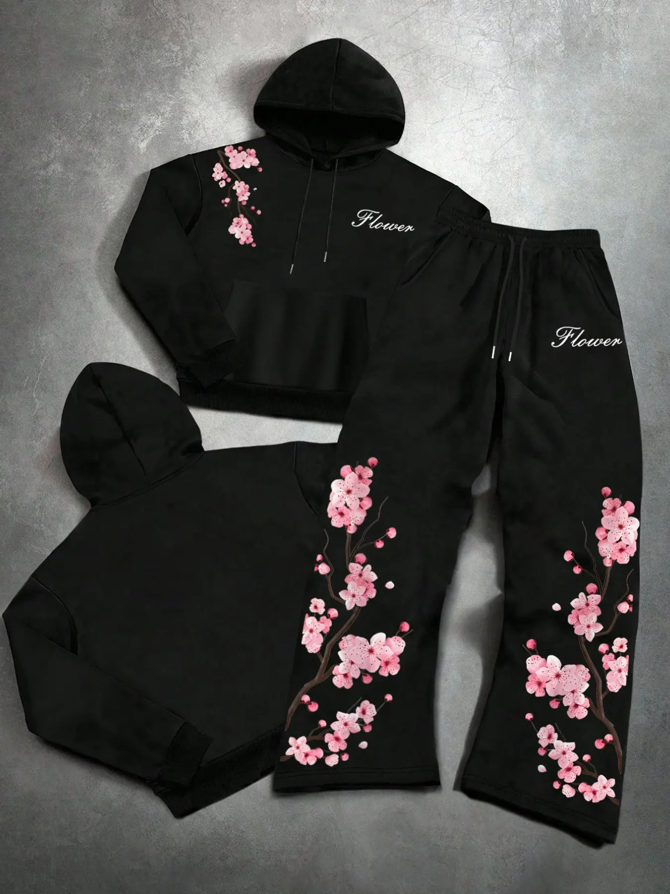 Men's 2-Piece Fashion Casual Set with Cherry Blossom Floral Hoodie and Drawstring Wide Leg Pants, Loose Fitting for Spring & Fall Sports Wear