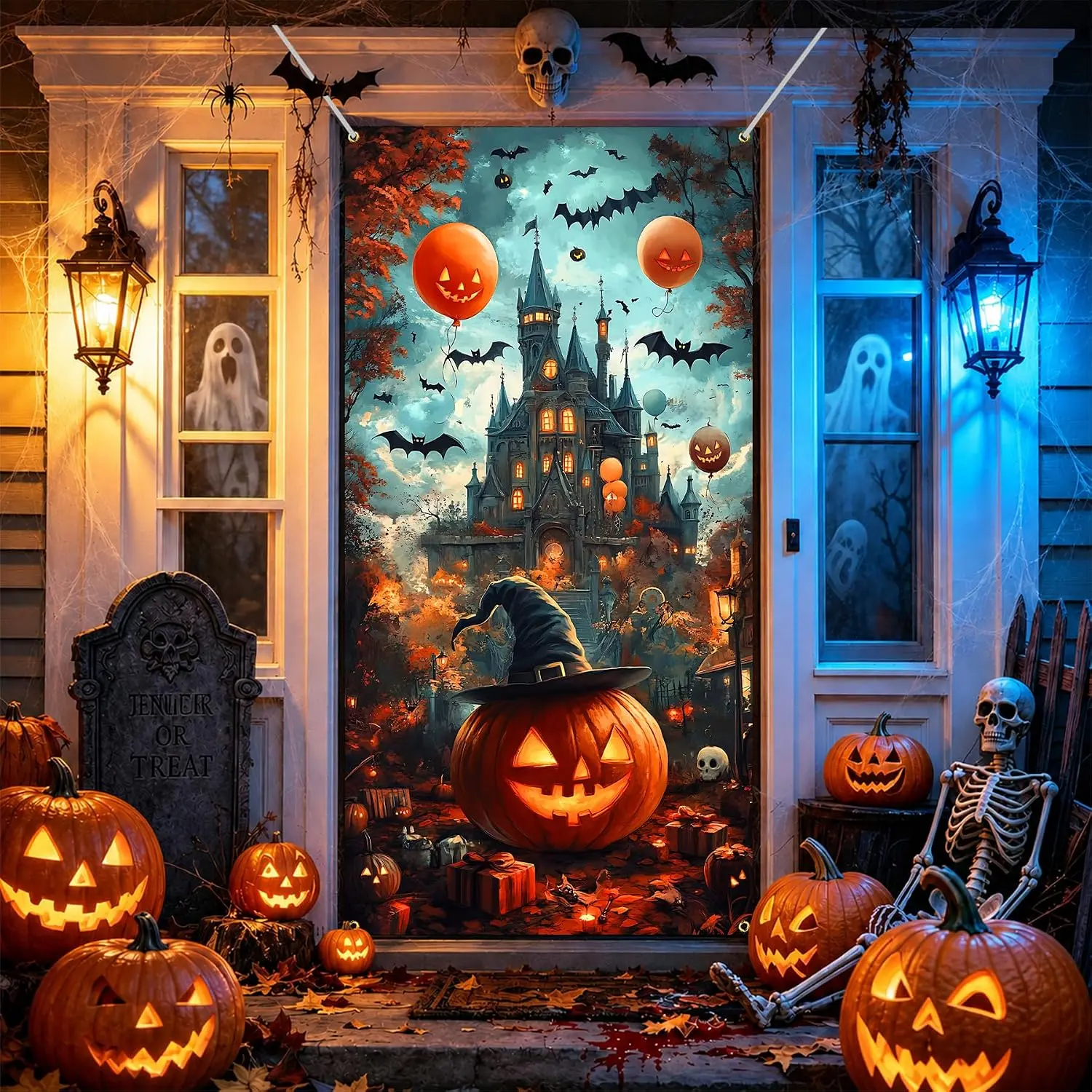 Spooky Fabric Halloween Photo Door Cover - Home Supplies, Festive Party Haunted House Front Door Decor
