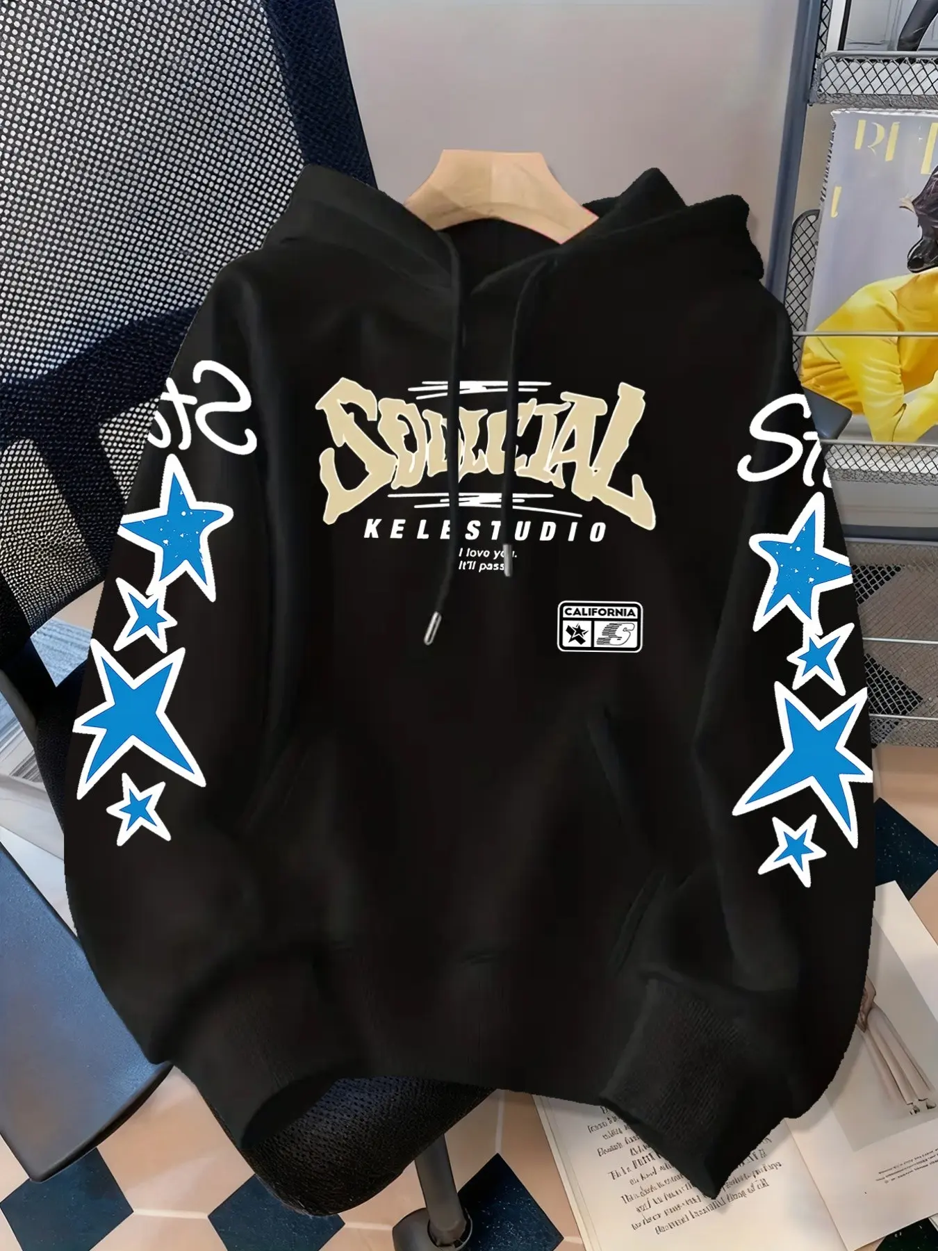 Autumn Winter Fleece Hoodie for Youth, American Vintage Star Streetwear Street Style, Casual Long Sleeve Loose Fit Baggy, Soft Trendy Letter Print Sweatshirt, Casual Pullover Hoodies, Print Hooded Sweatshirt