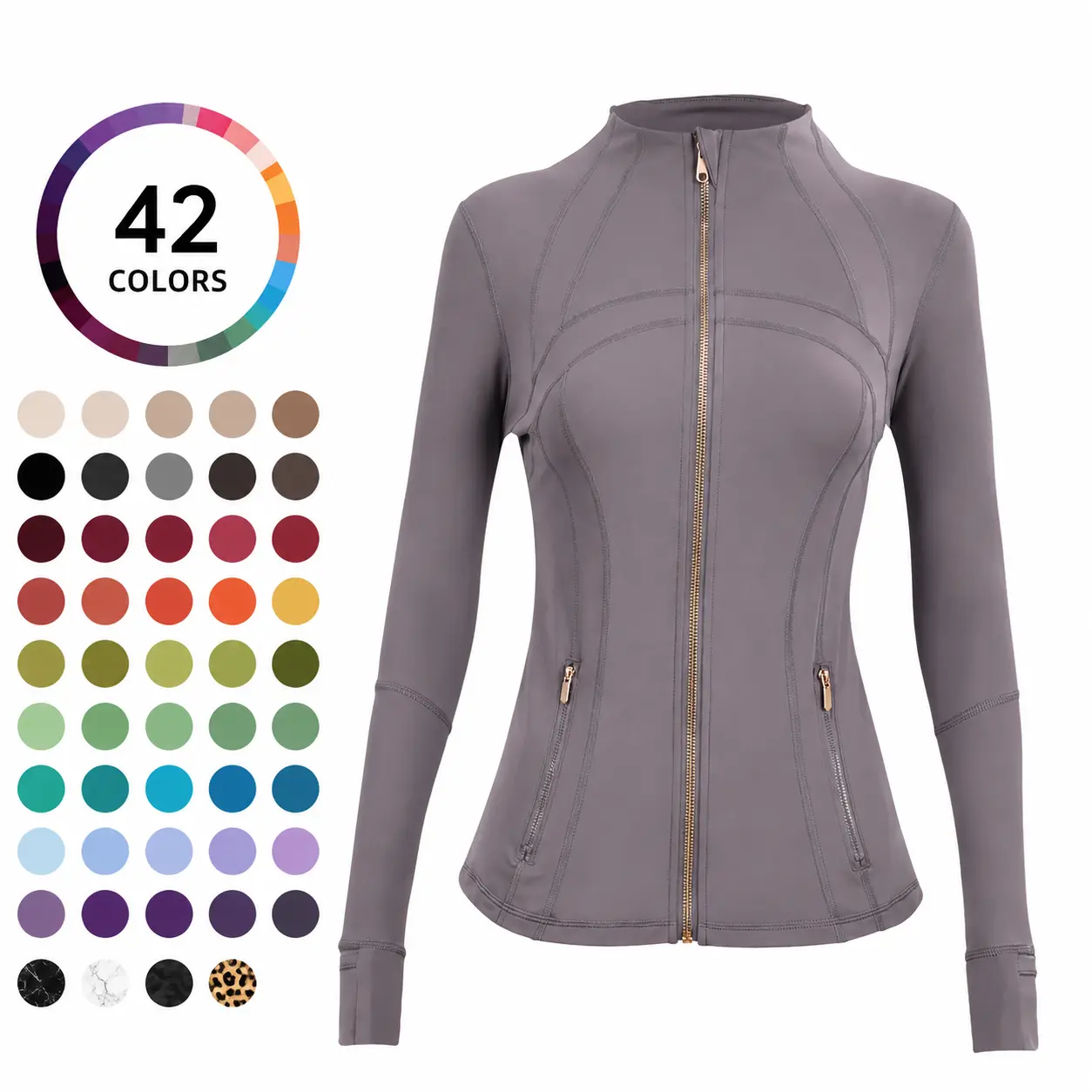Women’s Full Zip Workout Jacket, Slim Fit Long Sleeve Athletic Yoga Jacket with Zipper Pockets & Thumb Holes, Gym Activewear