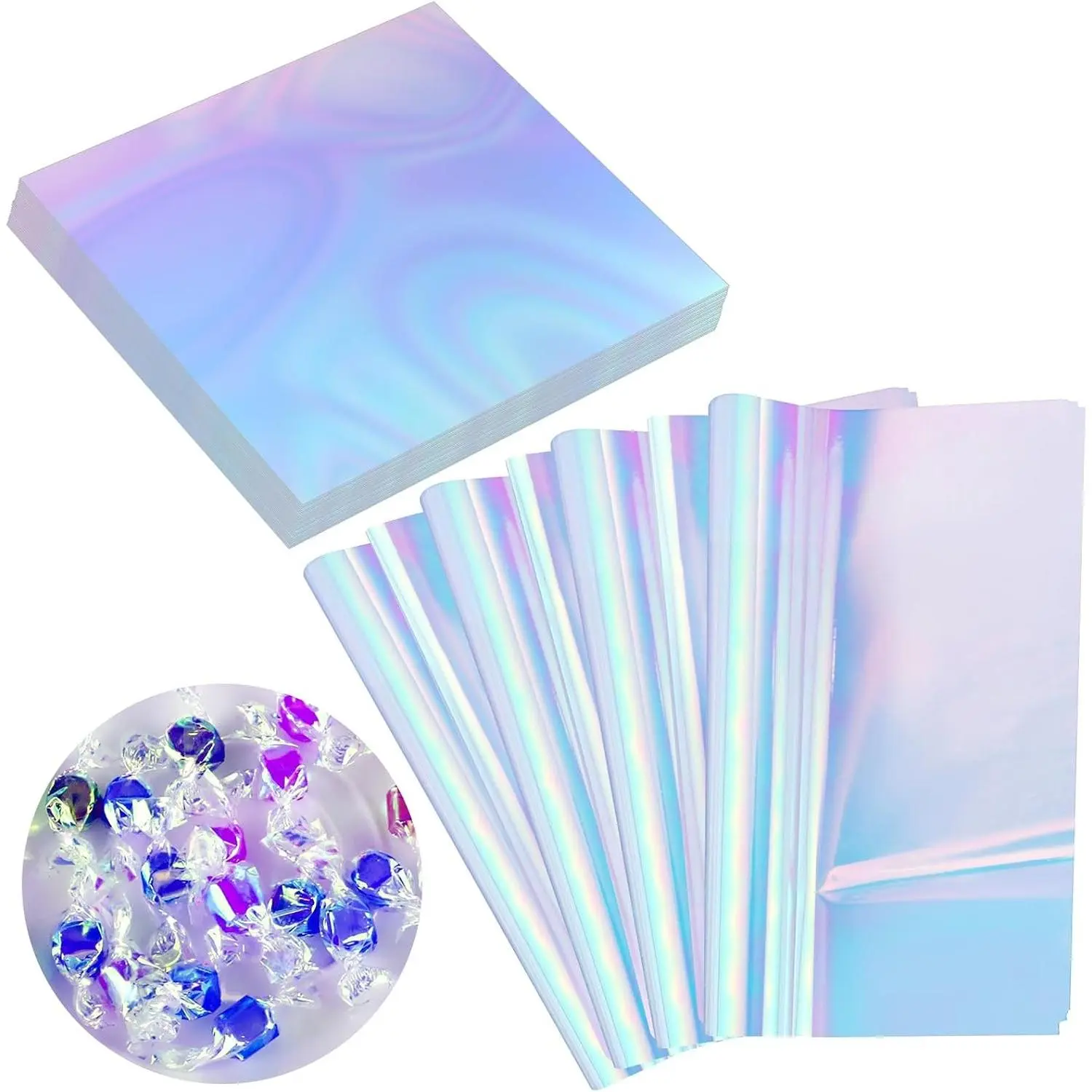 150 Pieces Iridescent Cellophane Sheets Blue Holographic Cellophane Wrap Iridescent Paper for Candy Gift Wraps DIY Crafts Art Lights Window Decoration (9 x 9 Inch)