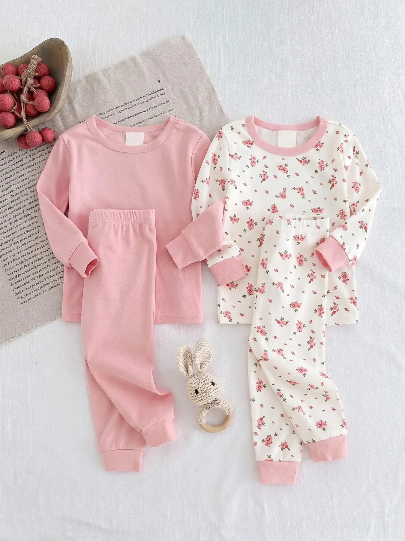 4-Piece Set Baby Girl Korean Style Sweet Floral Home Wear, Soft Casual for Spring & Fall, Infant Toddler Comfortable Clothing