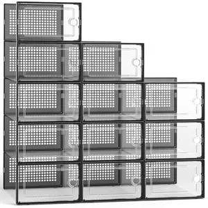 Large shoe cabinet storage box, set of 12 transparent plastic stackable storage boxes with lids, suitable for under-bed shoe storage at the entrance, front cover can be opened, can accommodate women's size 10 shoes, black