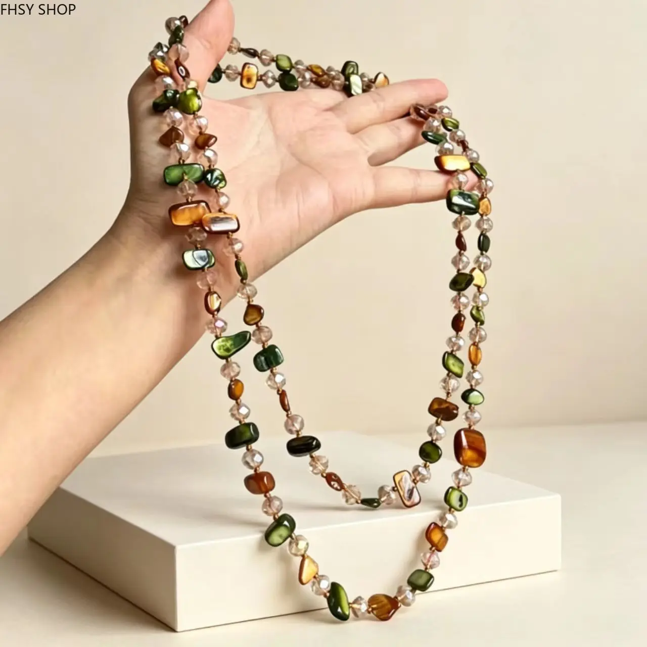 Women’s beaded necklaces | Viral long layered boho beaded necklace with earth tone stones | Niche vintage-style multi-strand wrap-around design | Irregular beads in green, amber & clear tones, perfect for fall outfits, bohemian looks and everyday styling
