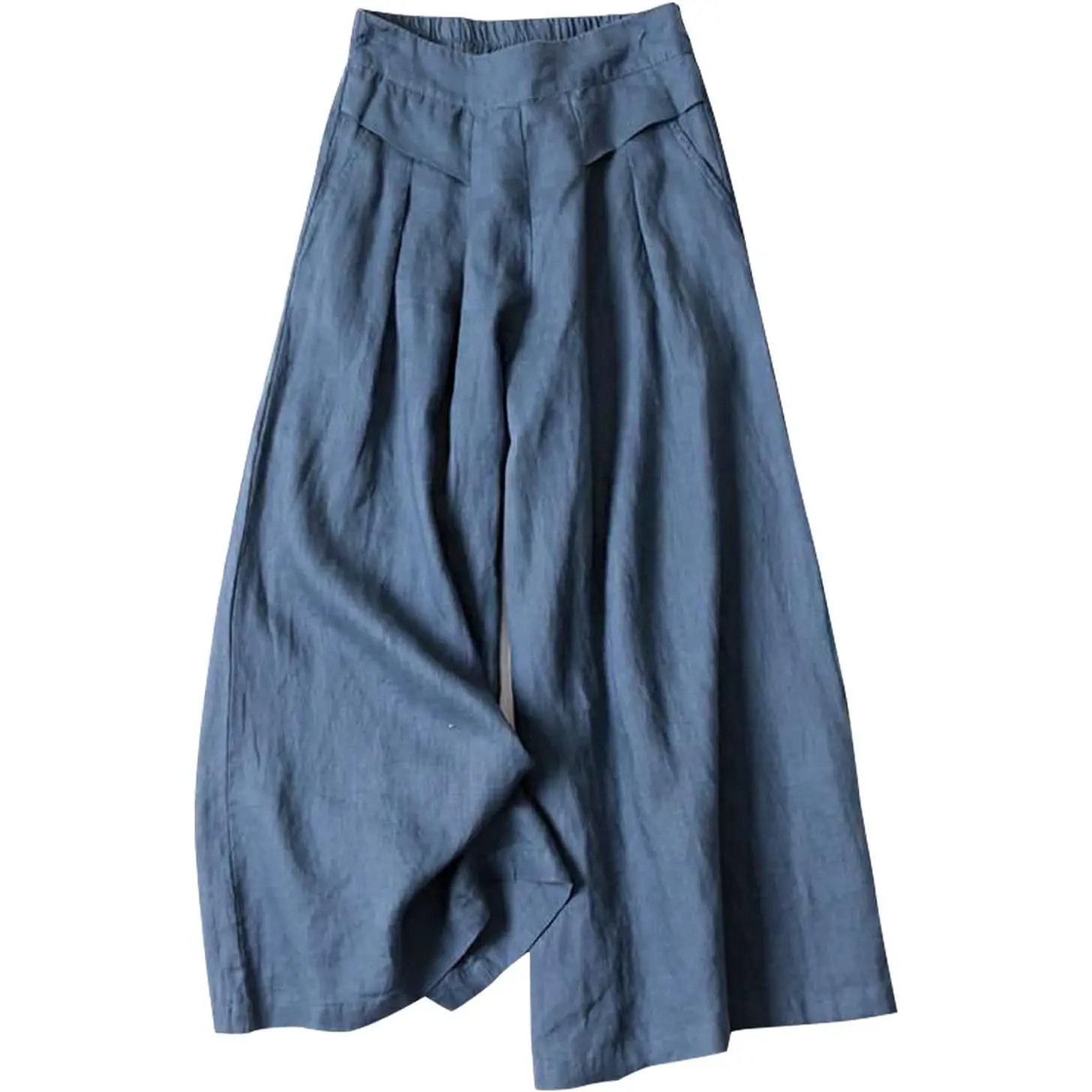 Women' s Culottes Linen Blend Wide Leg Pants Elastic Waist Casual Palazzo Trousers with Pockets Capris