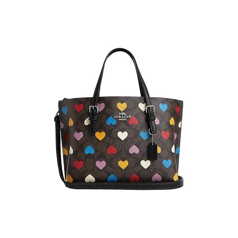 Coach Classic Monogram Heart-Print Tote Bag with Hardware Accents for Women, Leather, Tan