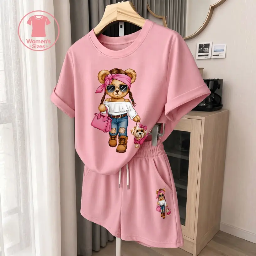 Women's Cute Bear Graphic Short Sleeve T-Shirt And Shorts Set, Casual Summer Two-Piece Outfit With Crew Neck Top And Drawstring Waist Shorts For Daily Wear