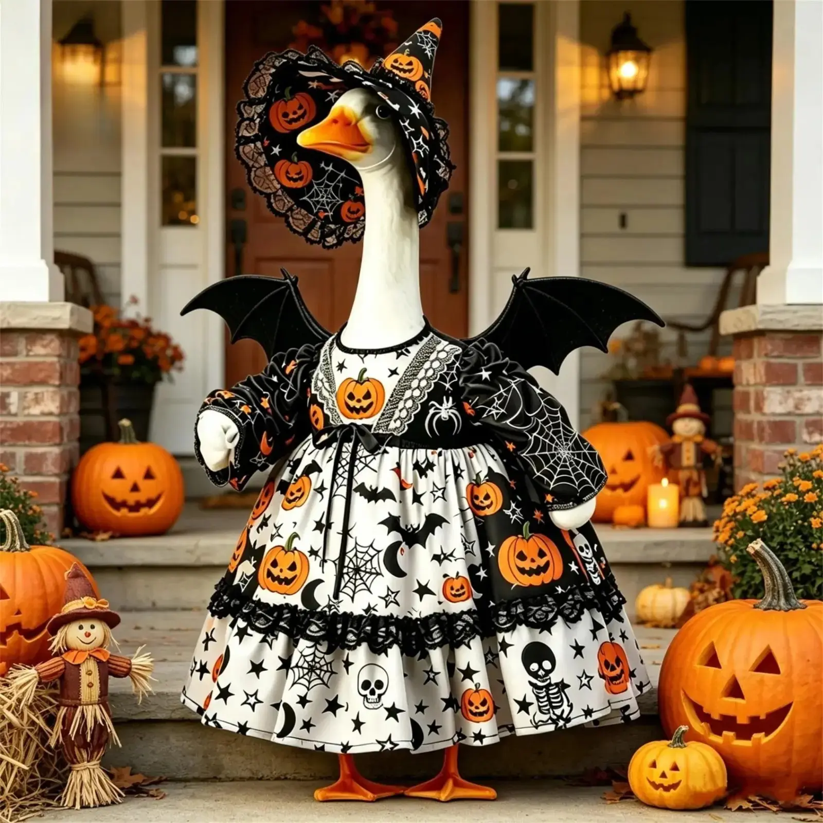 Halloween Porch Goose Outfit Pumpkin Skull Bat Print Goose Clothes with Hat and Wing Goose Costume for Lawn Patio Outdoor Decor