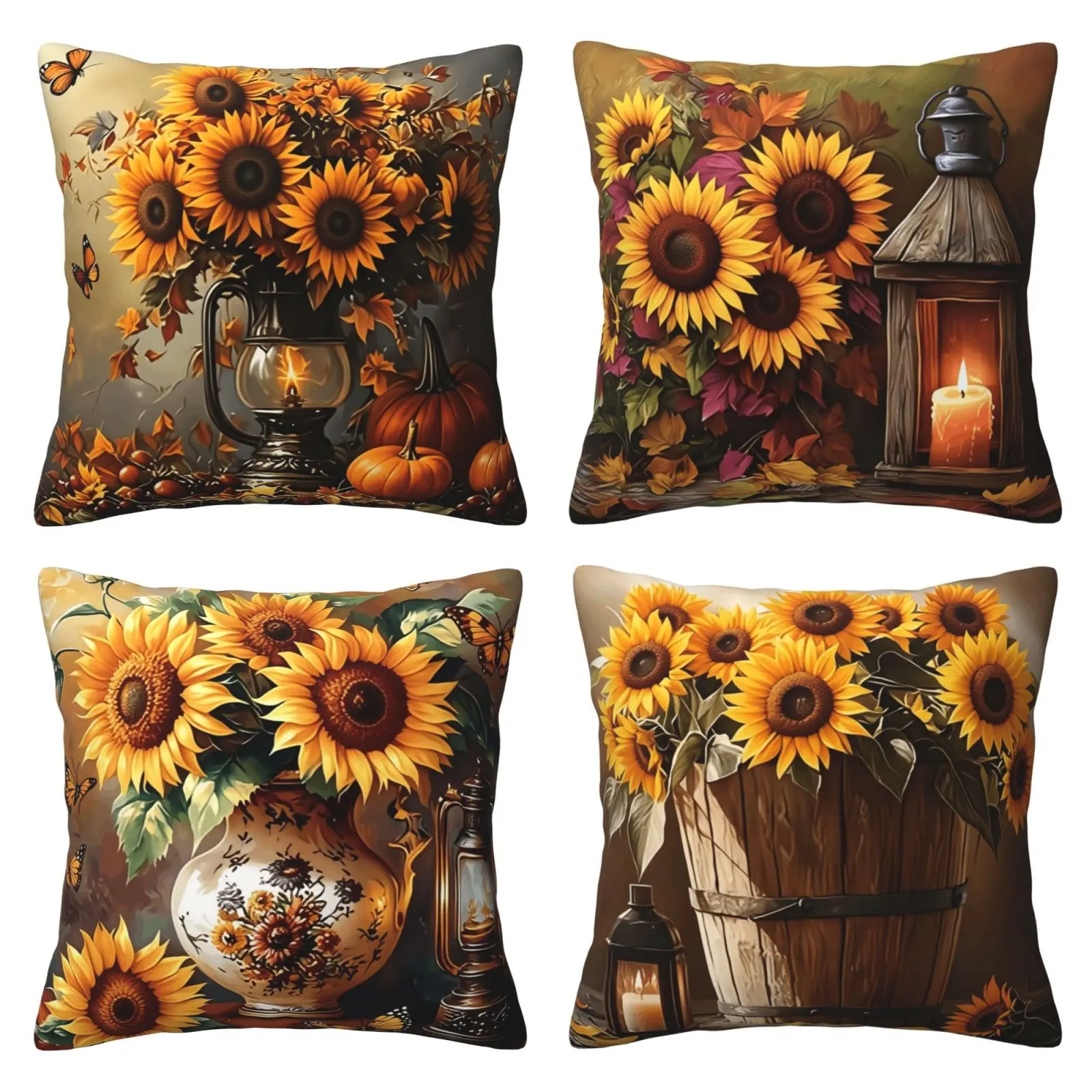 Set of 4 Vintage Oil Painting Sunflower Pillow Covers, American Autumn Countryside Floral Decorative Pillowcases, Warm-Toned Cushion Covers for Living Room And Bedroom, Double-Sided Printing, Without Pillow Core