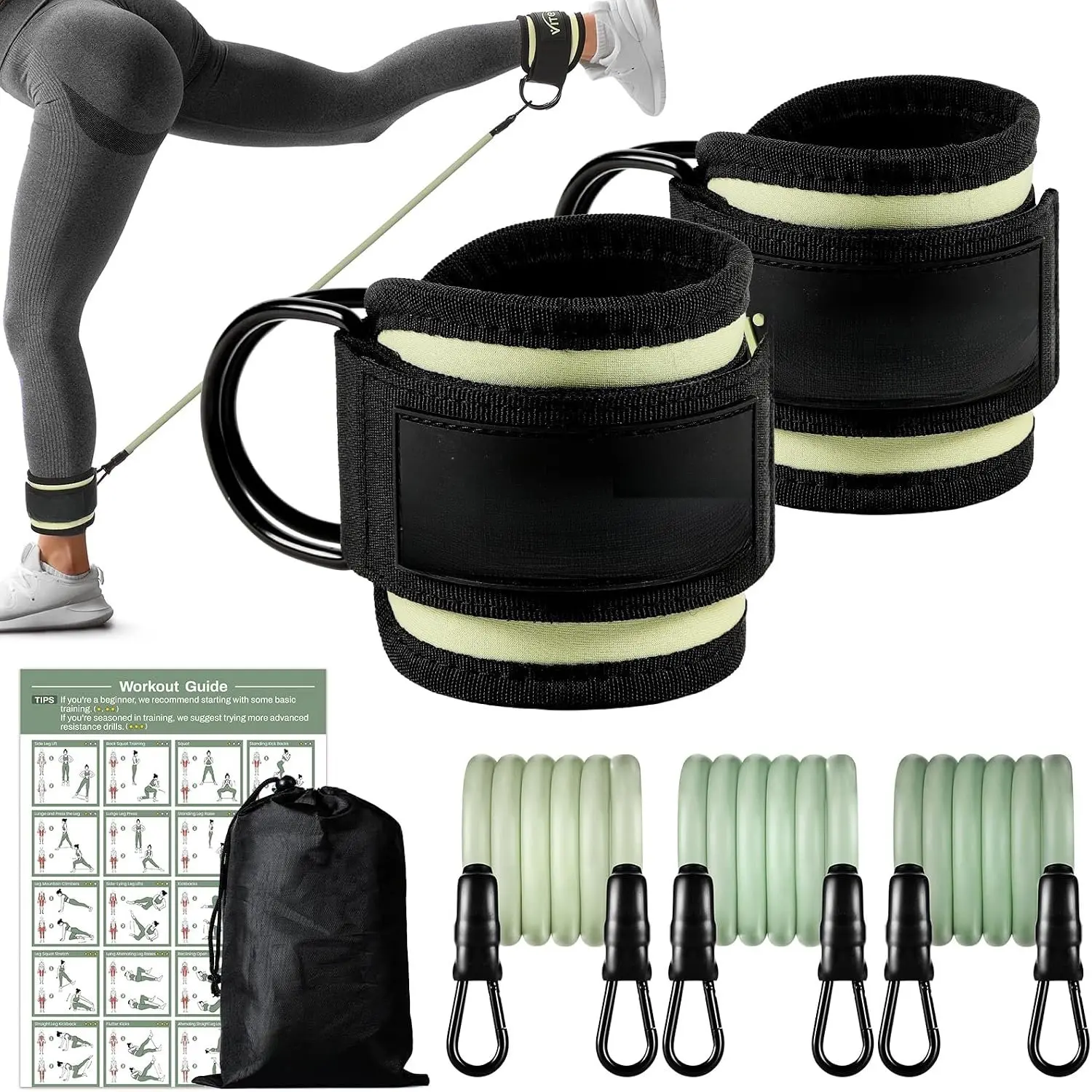 Ankle Resistance Bands with Cuffs for Women,  Glute and Booty Workout Equipment for  Gym, Pilates Equipment, Ankle Weights with Green Resistance Bands for Kickbacks  Fitness
