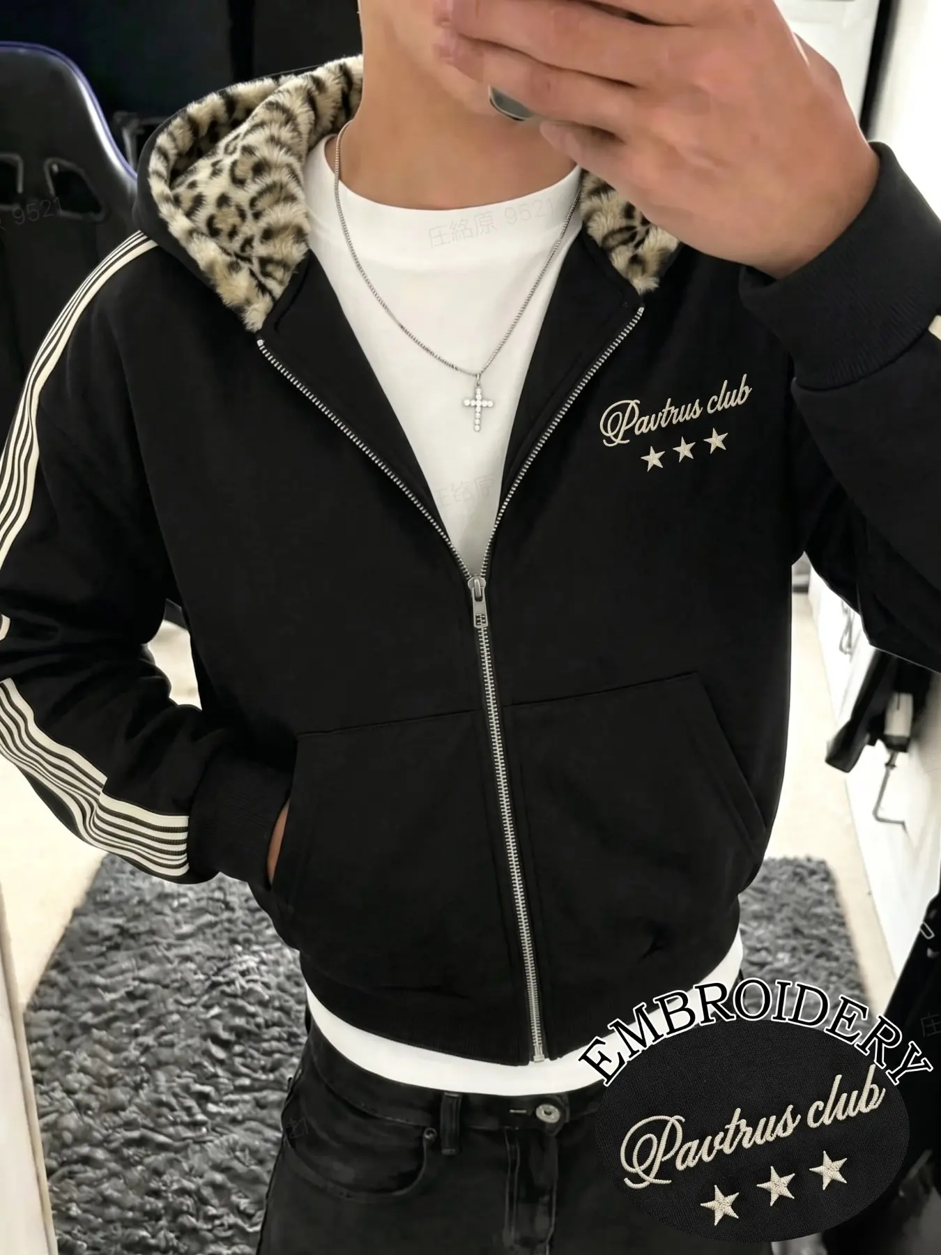 Men Retro Street Zip Hooded Jacket, Leopard Plush Lining Hood, Side Triple White Stripes, Chest Pavtrus Club Star Embroidery, Cropped Loose Fit Long Sleeve Sweatshirt, Full Zip Casual Sport Coat, Teen Y2K Daily Walking Outerwear, Versatile Fall Windbreake