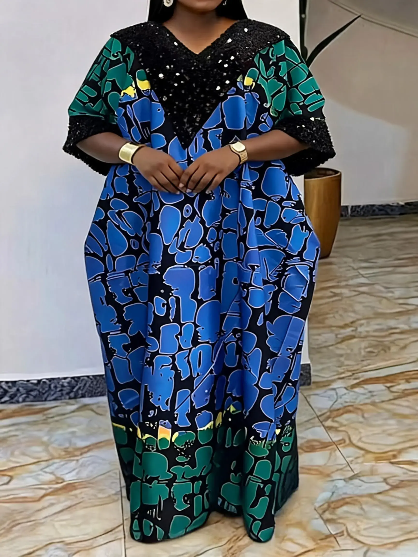 2026 New Fashion Dress Caftan Middle Eastern Muslim Loose Ethnic African Style Sequin Short Sleeve Women's Printed Headscarf Dress Kaftan Dress Islamic Modesty Clothes, Modesty Wear, Modest Muslim Clothing Muslim Dresses