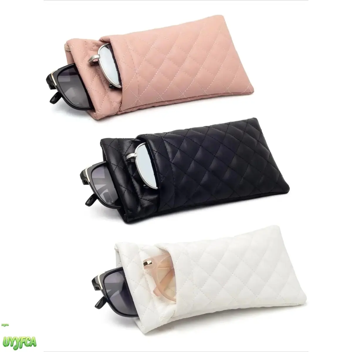 3 Pcs Quilted PU Leather Squeeze Top Eyeglasses Pouch, Double Space Multi Purpose Protective Holder, Soft Lined Shock Resistant Glasses Storage Bag for Travel, Camping, Gym, Daily Carry, Fits Glasses, Small Phone & Makeup Tools