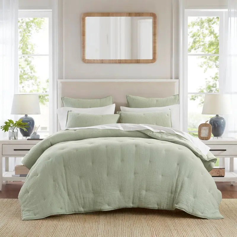 Nokaa 3-Piece Full/Queen Cotton Embroidered Quilt Set Sage Green Lightweight Bedspread Coverlet with Sham Soft Breathable Reversible Stitching Floral Pattern Bedding for Master Guest Bedroom All Season Home Decor