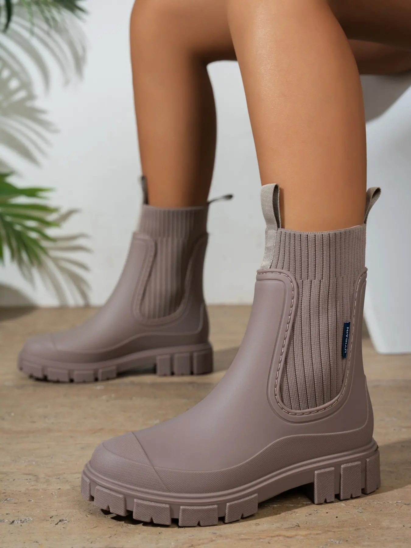 New Elastic Knit Chelsea Rain Boots, Anti-Slip Durable Thick Sole, Waterproof Mid-Calf Shoes, Lightweight Women's Rain Boots for Daily Use, Duck Boot, Modern Boot