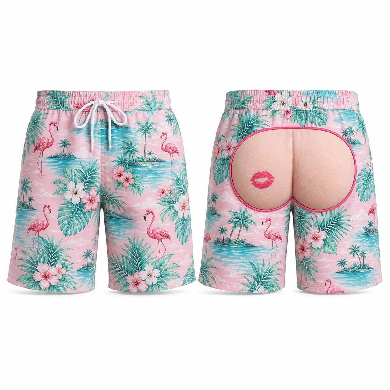 Men’s Funny 3D Illusion Swim Trunks, Tropical Graphic Board Shorts with Drawstring Waist, Flamingo Palm Tree Sunset Shark Leaf Print Novelty Swimwear for Pool Party, Cruise, Summer Vacation, Beach Festival, Bachelor Party & Gag Gift Resort Wear Men