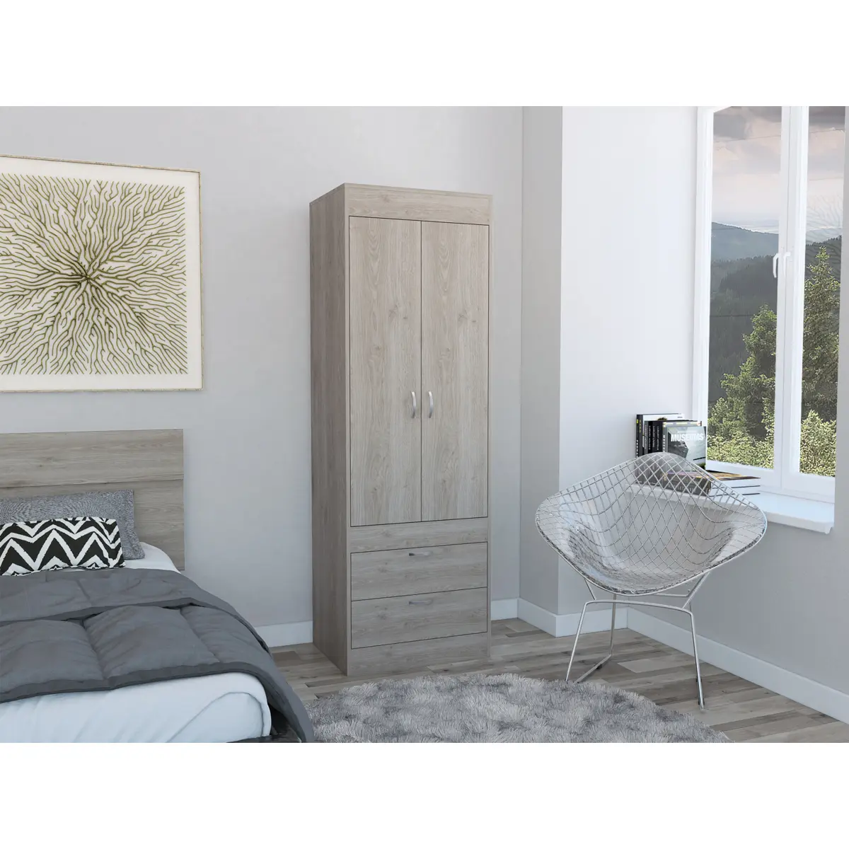 Aobtkel Lisboa 2-Door Double Wardrobe - Light Gray Freestanding Above-Ground Wardrobe Closet with Drawers, Compartmentalized Storage (On-Site Service Included), Drawers Wardrobes