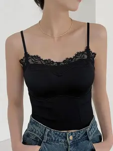 Women's Tank Top, Elastic Thin Straps, Simple Solid Design, Slim Fit with Padded Bra, Suitable for Outerwear and Layering