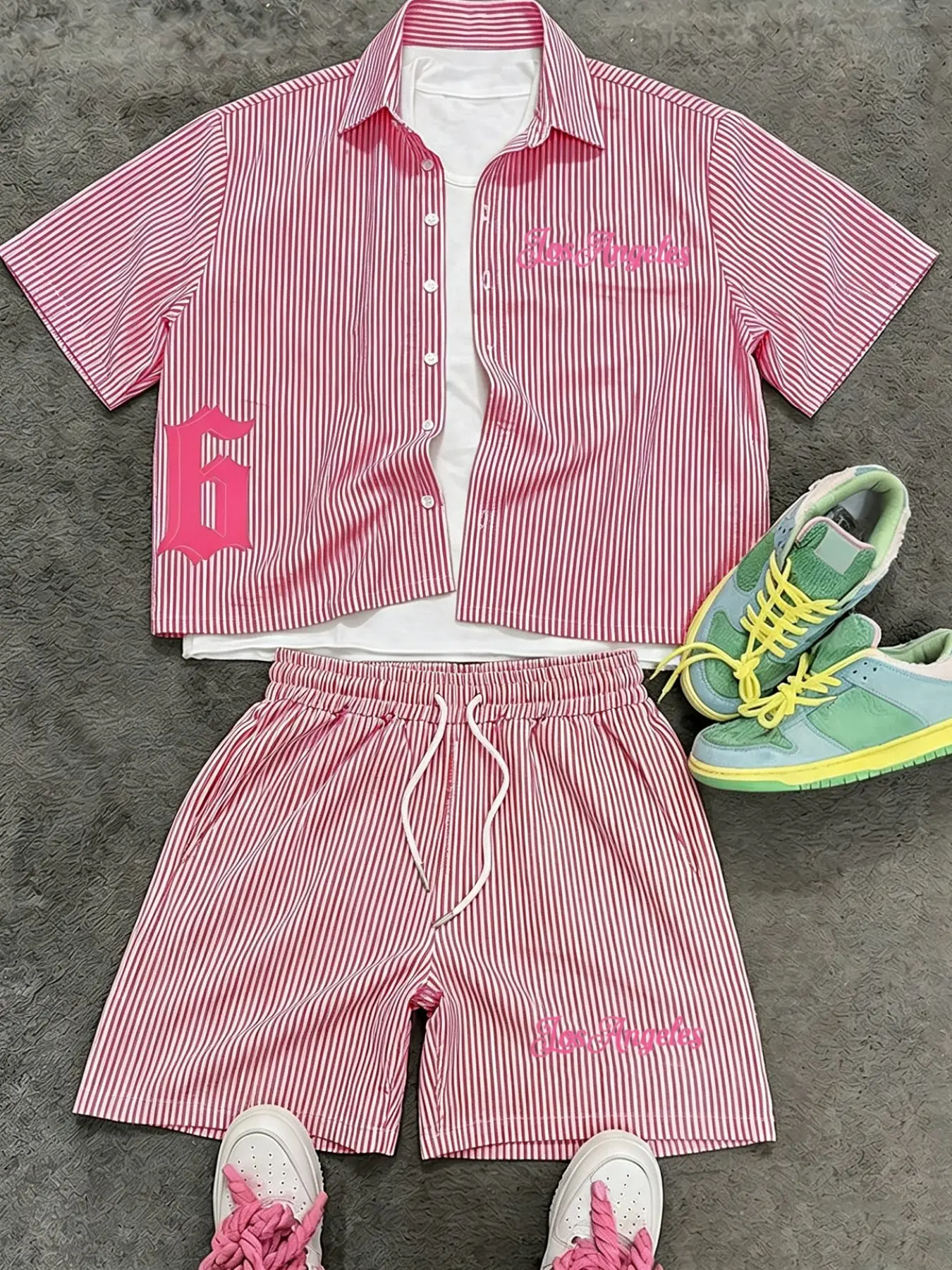 2 Pieces Men Striped Outfit Set | Y2K Casual Streetwear | Short Sleeve Button Down Shirt + Drawstring Shorts With Los Angeles Letter Print | For Young Men Daily Vacation Street Matching