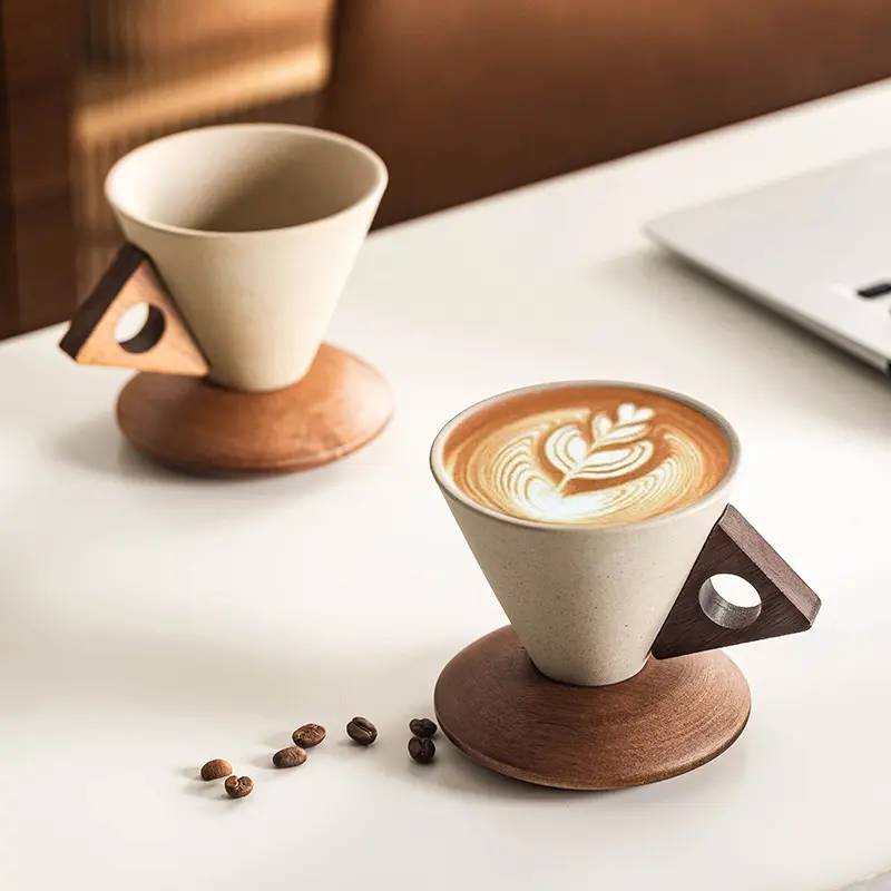 250ml Solid Ceramic Coffee Cup - Vintage Frosted Texture, Acacia Wood Accents, for Dining (0-500ml Capacity Range)