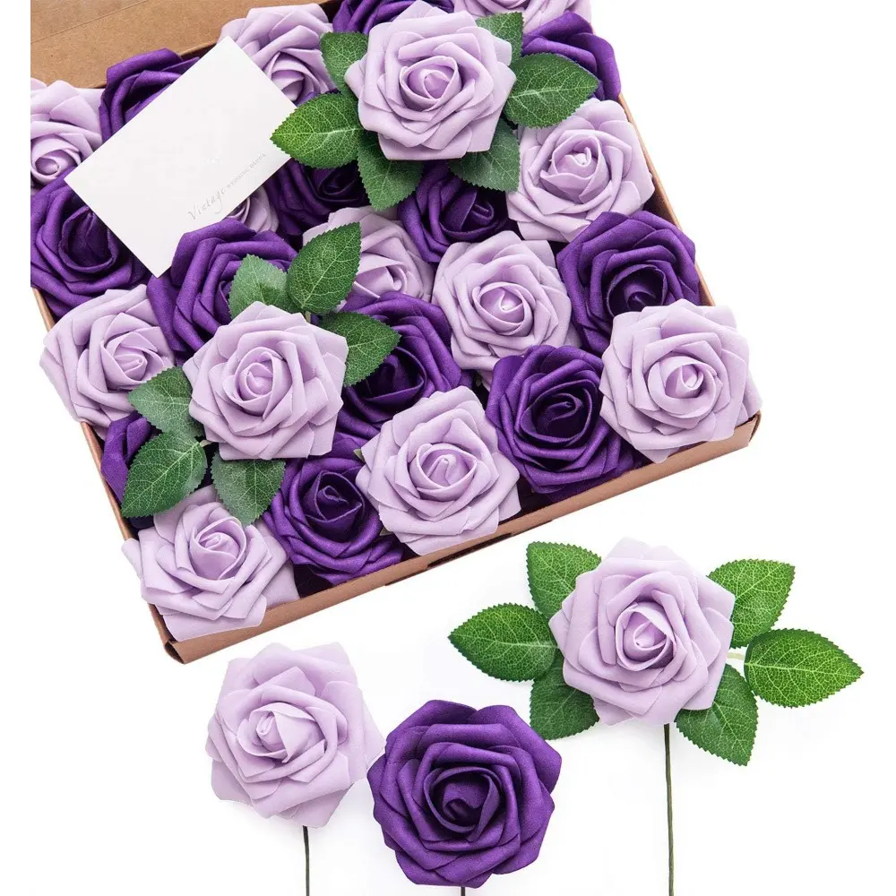 75pcs Lilac & Purple Roses Decor W/Stems, Artificial Rose, 3.15inch Real Touch DIY Foam Floral for Wedding Bouquet/Centerpieces, Outdoors Party Backdrop, Room/Table, and Garden Pot Decor