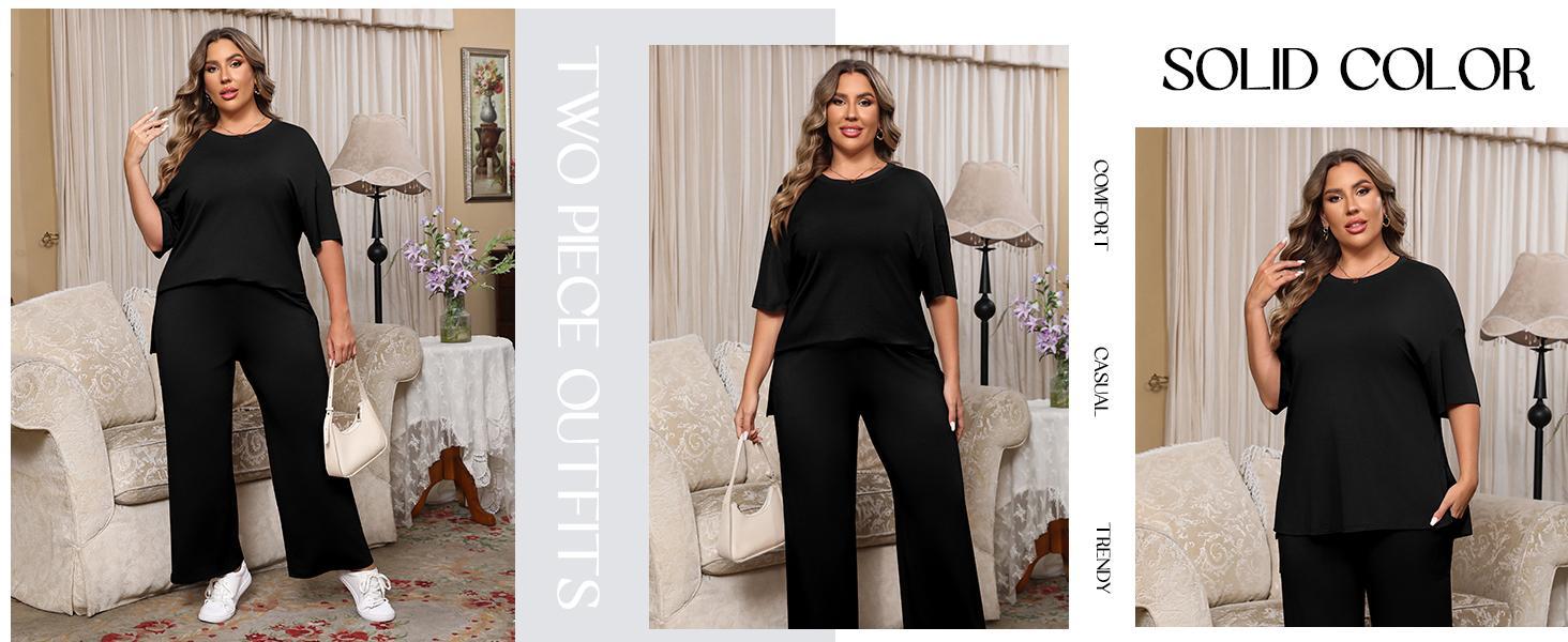 【XL-5XL】Imily Bela Curve Womens Plus Size Lounge Sets Short Sleeve Tops Wide Leg Pants 2 Piece Outfits Tracksuit with Pockets