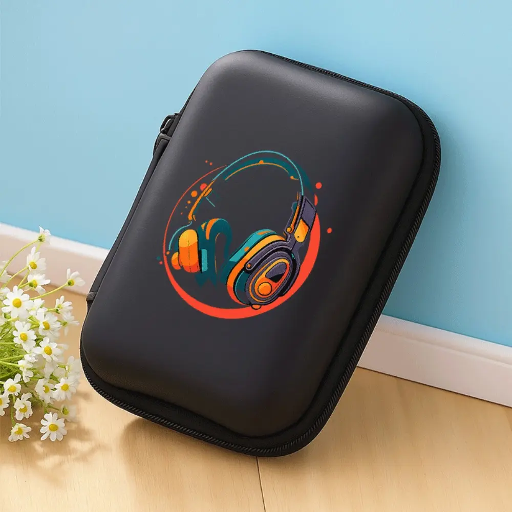 Colorful headphone pattern printed storage box with mesh pocket and compact design - cable/headphone/charger storage box, suitable for office, travel, pet enthusiasts - durable and portable electronic accessory organizer