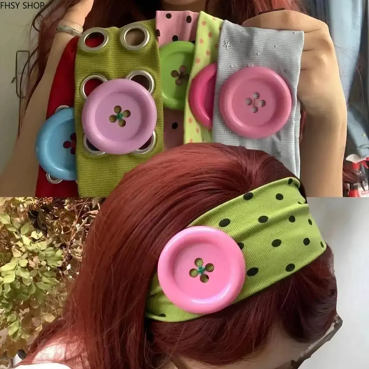 Colorful Large Button Wave Dot Headband for Women, Wide Elastic Korean Y2K Retro Hair Accessory, Trendy Cool Daily Style with Bold Polka Dot & Chunky Button Accent