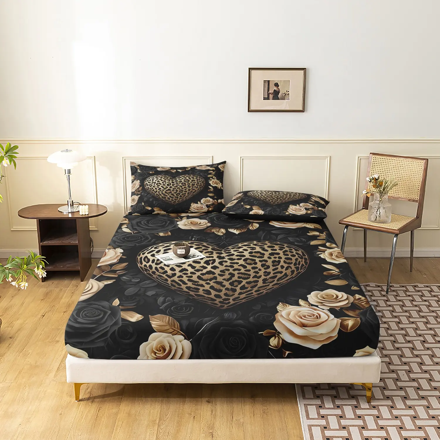 3 Pieces Black Background Golden Leopard Print Heart Rose Floral Fitted Sheet Set, Decorative Bedsheet Sets, Luxury Gold Black Rose Leaf Animal Pattern Bedding, Soft Microfiber Aesthetic Bedding Decor (1 Fitted Sheet + 2 Pillowcases, No Pillow)