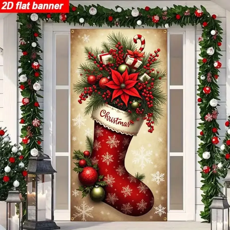 2D Flat Banner Door Cover, Christmas Decorations, Durable Polyester Material, Festive Atmosphere, Party New Year Carnival Supplies