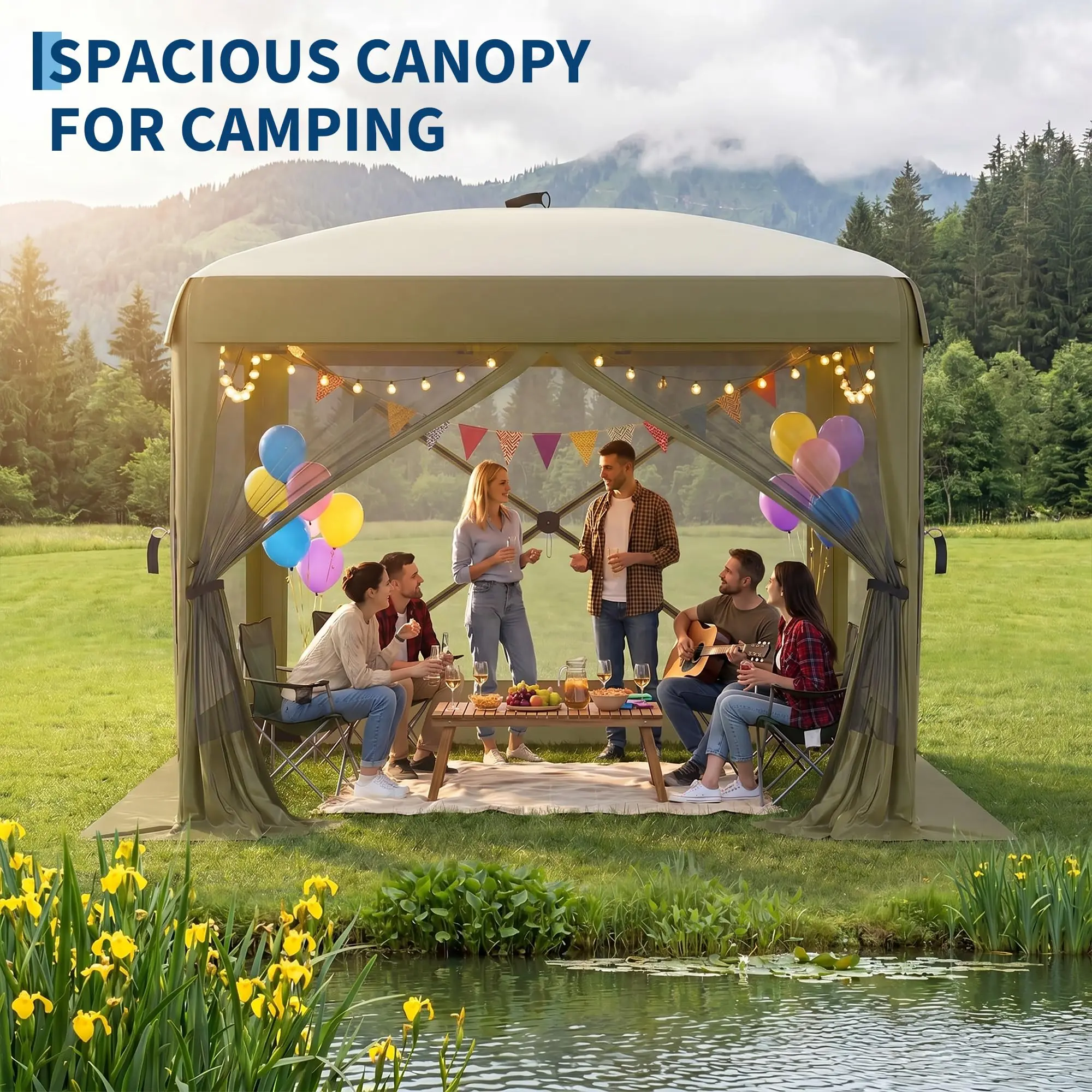 Instant Pop-Up Bug Screen Tent 8x8FT – Hexagonal Mesh Canopy with Enclosed Panels, Portable Collapsible Shelter for Camping, Patio & Outdoor Gatherings